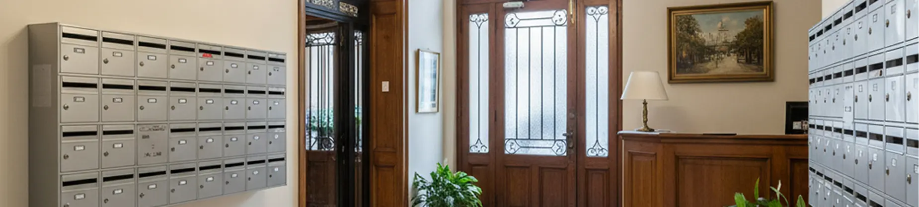 Boîtes aux lettres premium en finition métallique dans un hall d’entrée raffiné
